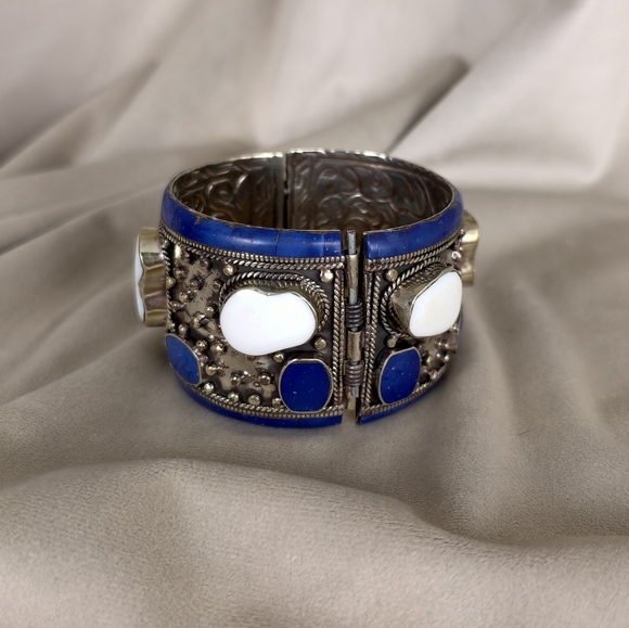 Antique Tibetan Sterling Silver Blue and White Handmade Bracelet - Picture 2 of 8